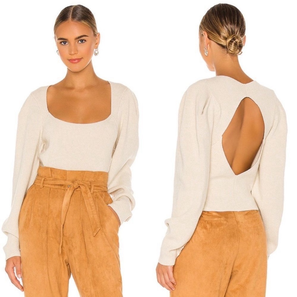 Free People Saffron Open Back Cream Sweater Balloon sleeves Size Small